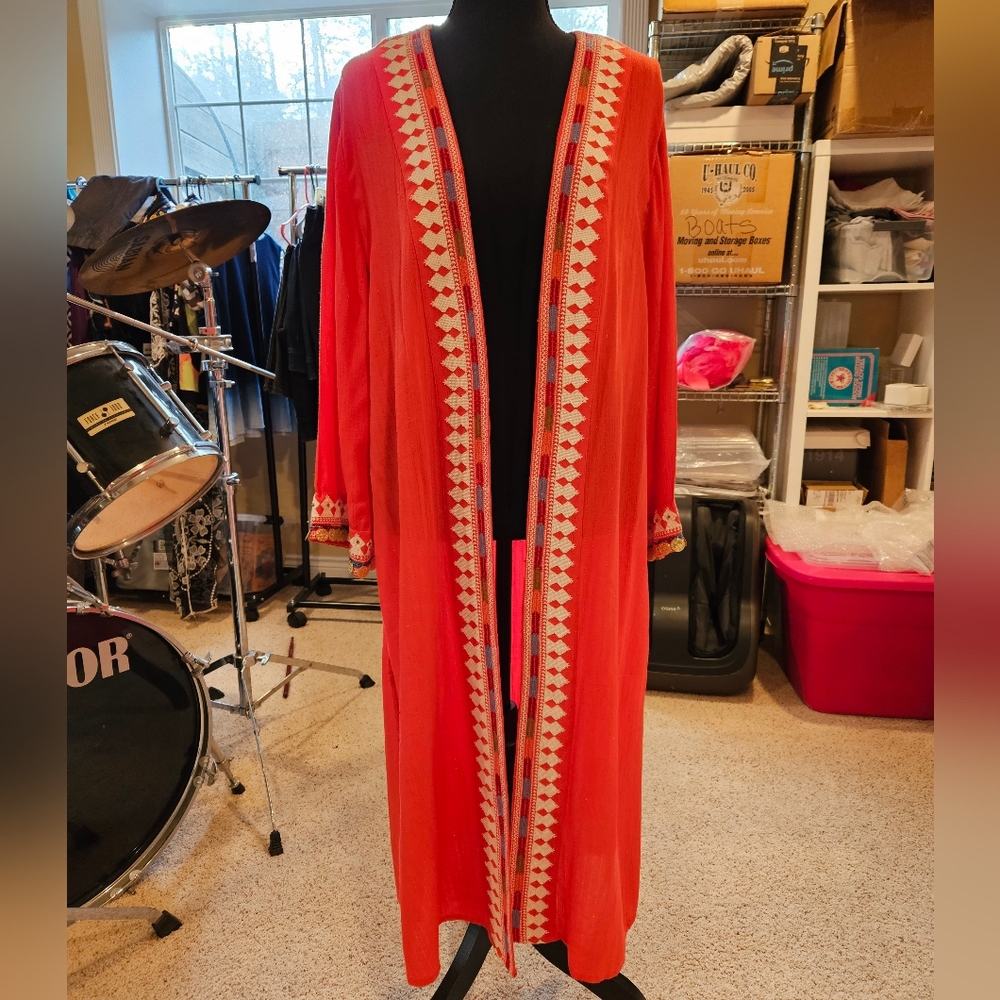 Soft Surroundings Women's Orange Embroidered Duster Size Large